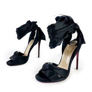 CHRISTIAN LOUBOUTIN Black Tres Frais Heel Sandal Size 37 Silk Satin Ankle Tie
